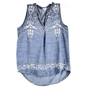Dylan Chambray Embroidered Top Tencel Sleeveless Sz L